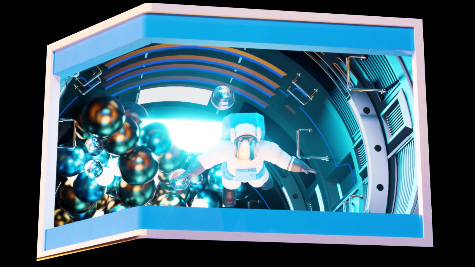 Astronauta y objetos flotantes en la animación 3D de Lumino
